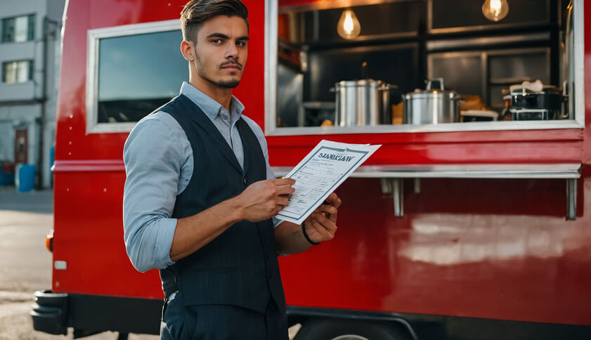 Food testing team person is standing in front of food selling van to inspect it's quality